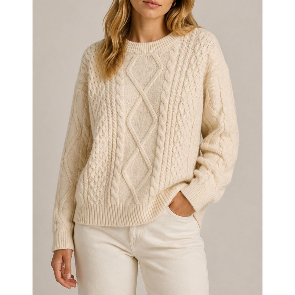 Aelfric Eden Cream Cable Knit Sweater Chunky Knit Medium Diamond Rope Ivory FLAW